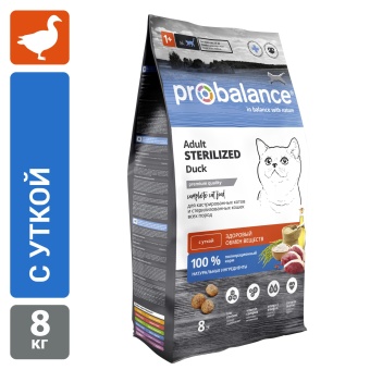 Сухой корм для стерилизованных кошек и кастрированных котов Probalance с уткой, 8кг